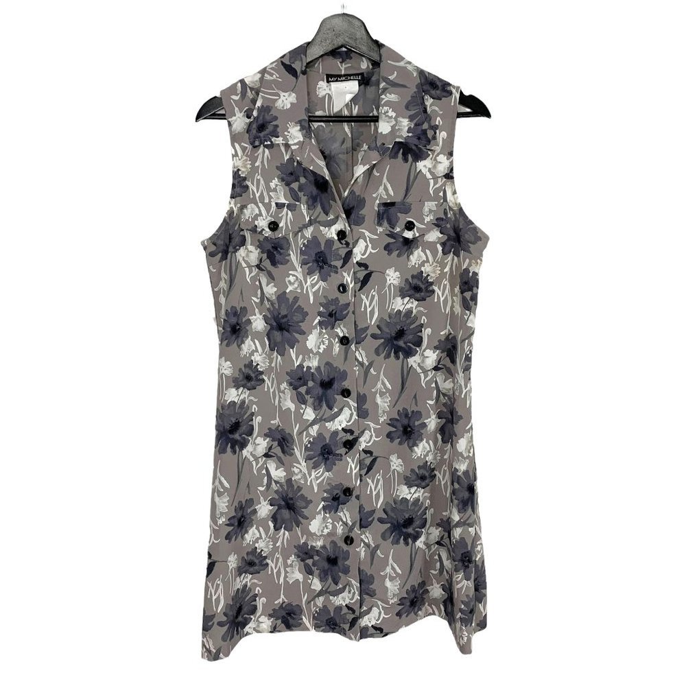 Vintage 90s Grey Floral Sleeveless Button Up Collared Mini Dress Large